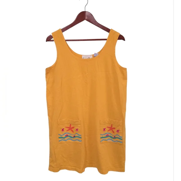 Vintage Summer Oasis Sunset Yellow Sleeveless Beach Dress with Embroidery Sz M - Picture 2 of 12